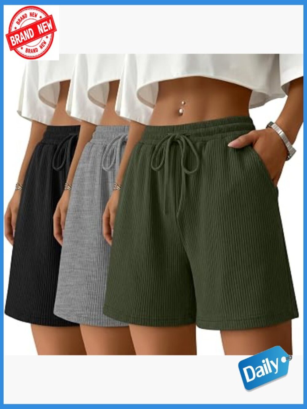 3 Pack Ribbed Knit Elastic Waist Drawstring Lounge Shorts with Pockets Size